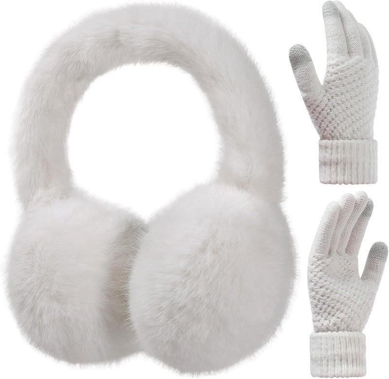 KDVOG Store Women Winter Ear Muffs Gloves Set Girls Fluffy Earmuffs Cold Weather Faux Fur Ear Warmers Touch Screen Gloves - Image 1